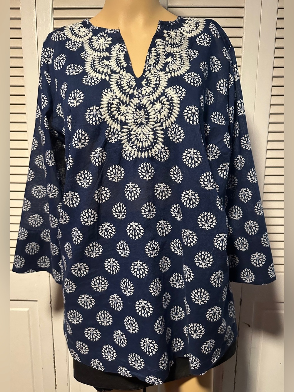 Talbots Blue White Geometric Embroidered Tunic Cotton Boho Blouse 3/4 Sleeve X